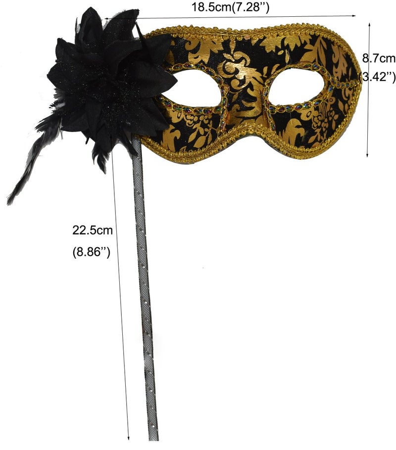 AZYOUNG Woman's Christmas Halloween Black Purple Red White Feather Flower Plastic Masquerade Mask on Stick,(Black) - Image 2